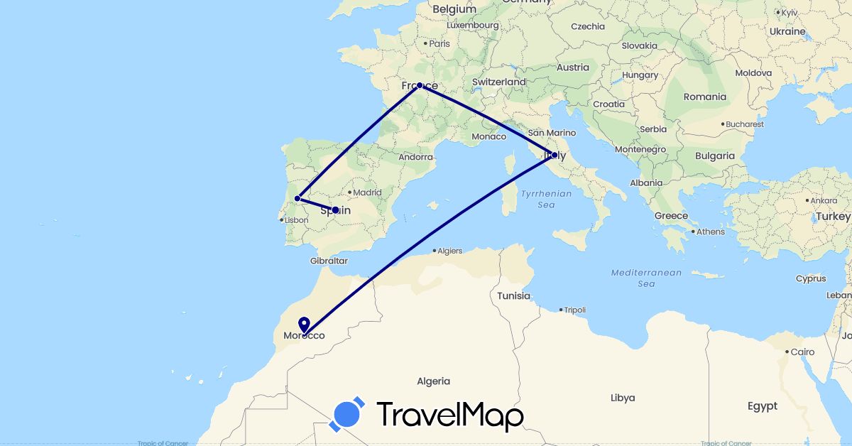 TravelMap itinerary: driving in Spain, France, Italy, Morocco, Portugal (Africa, Europe)